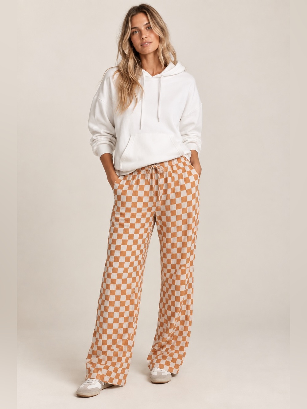 Holiday by Emma Mulholland Check Linen Resort Pants Rust Orange Size S